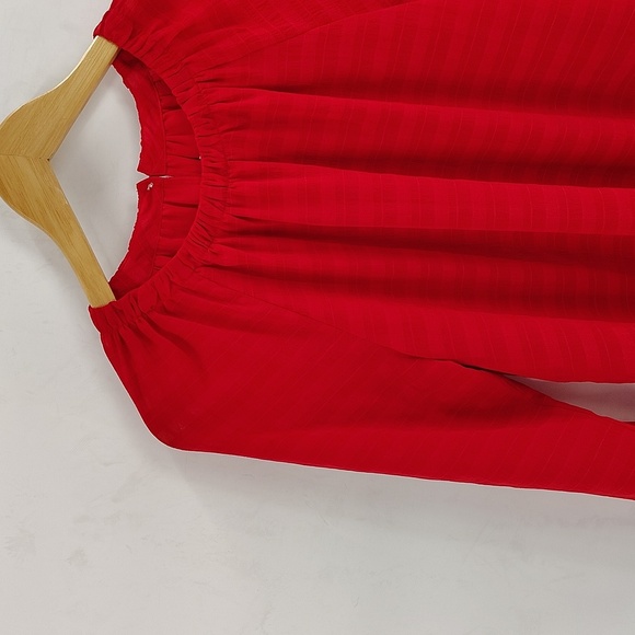 LOFT Smocked Cuff Blouse Red Size Small Lined Stretch Collar Peasant Top - Picture 4 of 9